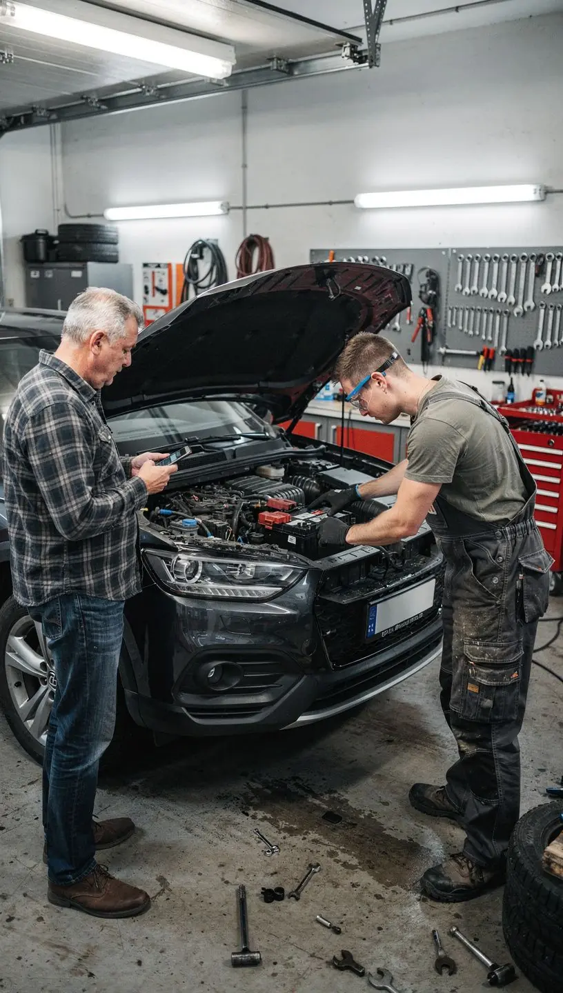 Techniker kontrolliert die Autobatterie auf Ladekapazität und Zustand vor der Winterperiode.